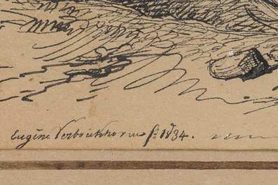 Eug&egrave;ne Verboeckhoven (1798-1881): Chevaux dans un paysage, dessin &agrave; l'encre rehauss&eacute;e, dat&eacute; 1834