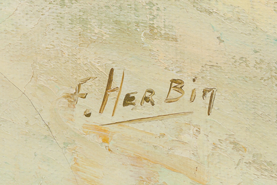 F. Herbin (20&egrave;me si&egrave;cle): Dunes en bord de mer, huile sur carton entoil&eacute;