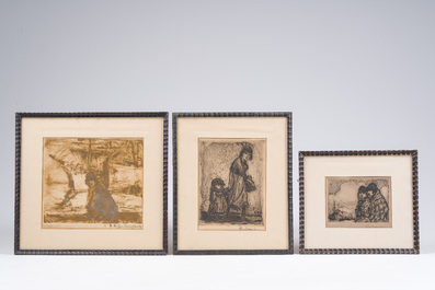 Eugeen Van Mieghem (1875-1930): Three various etchings with figures in a harbour context