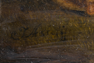 J. Astory (19&egrave;me si&egrave;cle): Berg&egrave;re avec ses animaux &agrave; un point d'eau, huile sur panneau