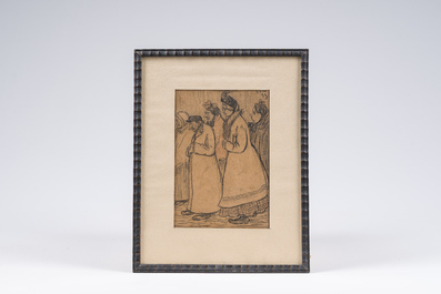 Eugeen Van Mieghem (1875-1930): La procession, technique mixte sur papier, dat&eacute; (18)99