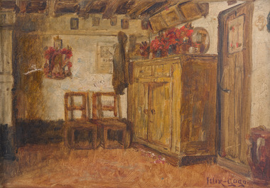 F&eacute;lix Gogo (1872-1953): 'Binnenkoer Wolstraat 7 Antwerpen' &amp; Int&eacute;rieur, huile sur toile, une dat&eacute; 1940