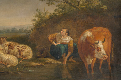 J. Astory (19&egrave;me si&egrave;cle): Berg&egrave;re avec ses animaux &agrave; un point d'eau, huile sur panneau