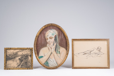 &Eacute;cole europ&eacute;enne: Cinq dessins et eaux-fortes vari&eacute;s, techniques mixtes sur papier, 20&egrave;me si&egrave;cle