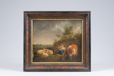 J. Astory (19&egrave;me si&egrave;cle): Berg&egrave;re avec ses animaux &agrave; un point d'eau, huile sur panneau