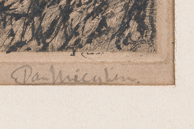 Eugeen Van Mieghem (1875-1930): Trois eaux-fortes diverses repr&eacute;sentant des personnages dans un contexte portuaire