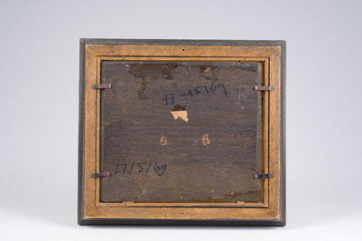 J. Astory (19&egrave;me si&egrave;cle): Berg&egrave;re avec ses animaux &agrave; un point d'eau, huile sur panneau