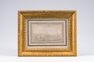 &Eacute;cole hollandaise, dans le style d'Adam Willaerts (1577-1664)&nbsp;: P&ecirc;cheurs au bord de l'eau, crayon sur papier, 17&egrave;me si&egrave;cle