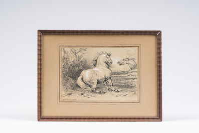 Eug&egrave;ne Verboeckhoven (1798-1881): Chevaux dans un paysage, dessin &agrave; l'encre rehauss&eacute;e, dat&eacute; 1834