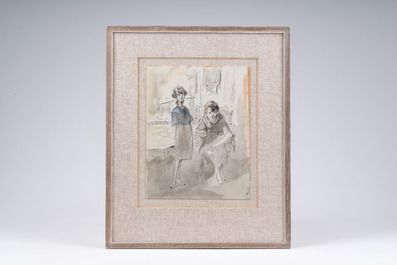 Alfred Ost (1884-1945): 'Vrouw en kind', encre, aquarelle et lavis sur papier, dat&eacute; 29 mars (19)14