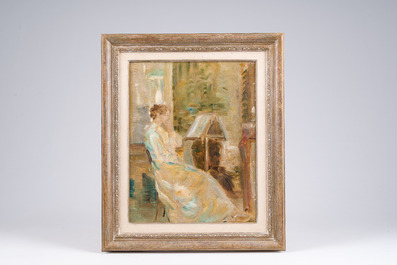 &Eacute;cole belge: Jeune femme &agrave; la lecture, huile sur toile maroufl&eacute;e sur board, 19&egrave;me/20&egrave;me si&egrave;cle