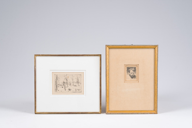 &Eacute;cole europ&eacute;enne: Cinq dessins et eaux-fortes vari&eacute;s, techniques mixtes sur papier, 20&egrave;me si&egrave;cle