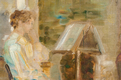 &Eacute;cole belge: Jeune femme &agrave; la lecture, huile sur toile maroufl&eacute;e sur board, 19&egrave;me/20&egrave;me si&egrave;cle