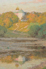Sergei Evgrafovich Lednev-Shukin (1875-1961): Paysage avec un lac et un palais en arri&egrave;re-plan, huile sur toile maroufl&eacute;e sur board