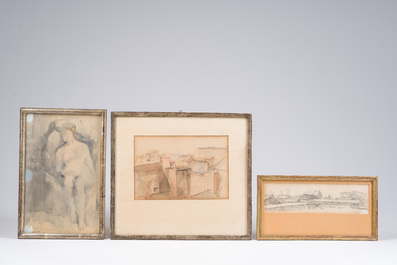 Corneel Lodewijk Pieter Van Gorp (1932-2008): Seated nude, View of a row of roofs &amp; Landscape, watercolour and pencil on paper
