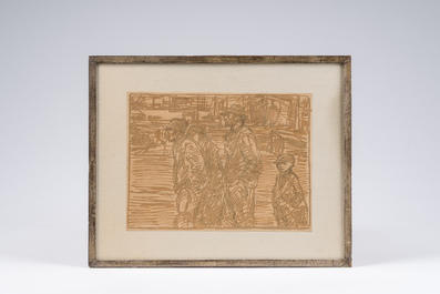 Eugeen Van Mieghem (1875-1930): Les dockers, encre brune sur papier