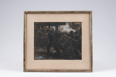 Eugeen Van Mieghem (1875-1930): Transporting the cargo, charcoal and pastel on paper