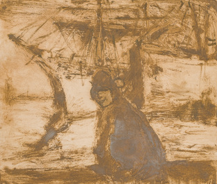 Eugeen Van Mieghem (1875-1930): Trois eaux-fortes diverses repr&eacute;sentant des personnages dans un contexte portuaire