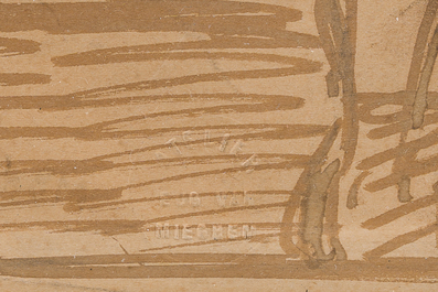 Eugeen Van Mieghem (1875-1930): The dockworkers, brown ink on paper