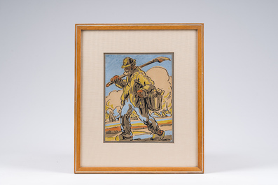 Alfred Ost (1884-1945): 'Akkerwaarts', encre et couleurs sur papier, dat&eacute; (19)13