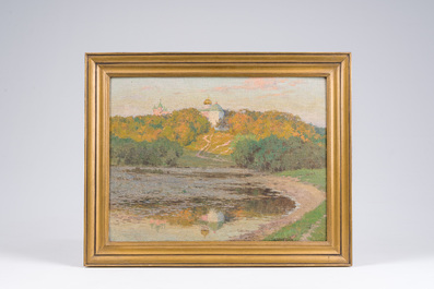 Sergei Evgrafovich Lednev-Shukin (1875-1961): Paysage avec un lac et un palais en arri&egrave;re-plan, huile sur toile maroufl&eacute;e sur board