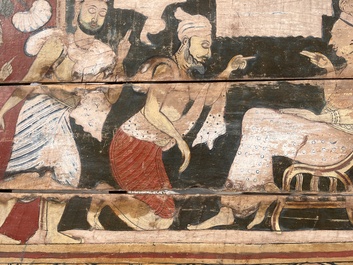 Een bijzonder Sri Lankaans polychroom gedecoreerd houten wandpaneel met een eerbetuiging aan Boeddha, 18de/19de eeuw