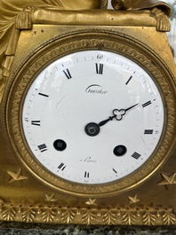 Een Franse Empire verguld bronzen en vert de mer marmeren pendule bekroond met 'L'&eacute;tude de l'astronomie' naar Jean-Andr&eacute; Reiche (1752-1817), 19de eeuw