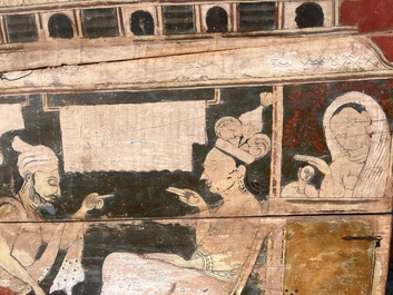Een bijzonder Sri Lankaans polychroom gedecoreerd houten wandpaneel met een eerbetuiging aan Boeddha, 18de/19de eeuw