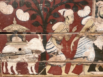 Een bijzonder Sri Lankaans polychroom gedecoreerd houten wandpaneel met een eerbetuiging aan Boeddha, 18de/19de eeuw