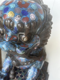 A pair of Chinese cloisonn&eacute; Buddhist lions on a wooden base, 20th C.