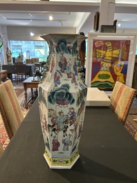 A Chinese hexagonal famille rose vase with figurative design all around, 19th C.