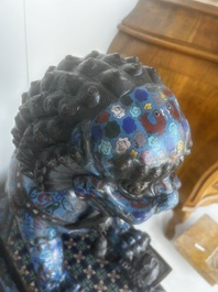A pair of Chinese cloisonn&eacute; Buddhist lions on a wooden base, 20th C.