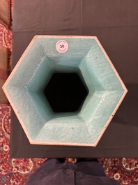 A Chinese hexagonal famille rose vase with figurative design all around, 19th C.
