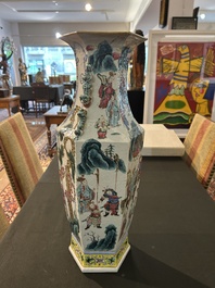 A Chinese hexagonal famille rose vase with figurative design all around, 19th C.