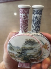 Vase double en porcelaine de Chine famille rose &agrave; d&eacute;cor floral et de paysage, marque de Qianlong, R&eacute;publique, 20&egrave;me si&egrave;cle