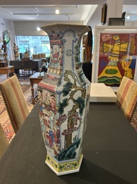 A Chinese hexagonal famille rose vase with figurative design all around, 19th C.