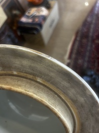 A pair of large Chinese famille rose blue-ground 'dragons and phoenixes' vases with covers, Kangxi mark, 19th C.