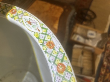 A Chinese famille rose jardini&egrave;re with birds on blossoming branches on an openworked carved wooden stand with marble top, 19th/20th C.