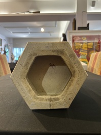 A Chinese hexagonal famille rose vase with figurative design all around, 19th C.