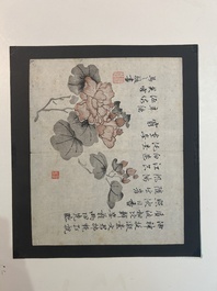 Chinese school: Five woodcut pages from an album, probably 17th C., and the book 'Les estampes du studio des dix bambous'