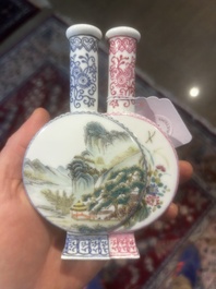 Vase double en porcelaine de Chine famille rose &agrave; d&eacute;cor floral et de paysage, marque de Qianlong, R&eacute;publique, 20&egrave;me si&egrave;cle