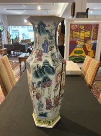 A Chinese hexagonal famille rose vase with figurative design all around, 19th C.