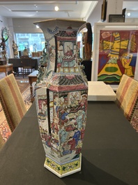 A Chinese hexagonal famille rose vase with figurative design all around, 19th C.