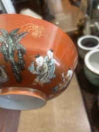 A Chinese coral-red ground famille verte bowl with playing boys, 19th/20th C.
