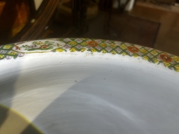 A Chinese famille rose jardini&egrave;re with birds on blossoming branches on an openworked carved wooden stand with marble top, 19th/20th C.