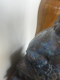 A pair of Chinese cloisonn&eacute; Buddhist lions on a wooden base, 20th C.