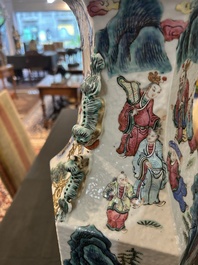 A Chinese hexagonal famille rose vase with figurative design all around, 19th C.