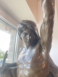 Emile Louis Picault (1833-1915): 'Ad lumen', brown patinated bronze on a vert de mer marble base, foundry mark 'E. Colin &amp; Cie Paris'