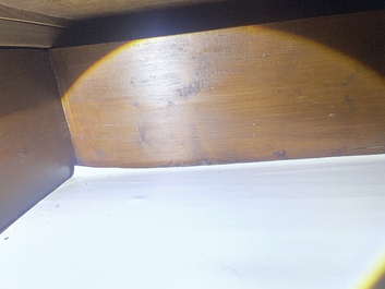 A French Louis XVI style bronze mounted wooden chest of drawers with veined grey marble top, late 19th C.