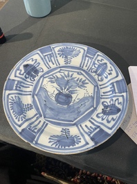 Three Dutch Delft blue and white chinoiserie plates, 17th/18th C.